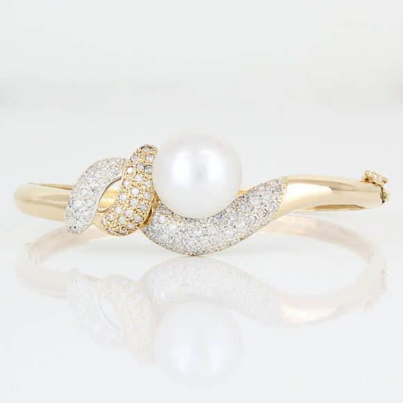 14KYG Diamond Mabe Pearl Bangle Bracelet Modern Baroque Anniversary Gift - Picture 1 of 4